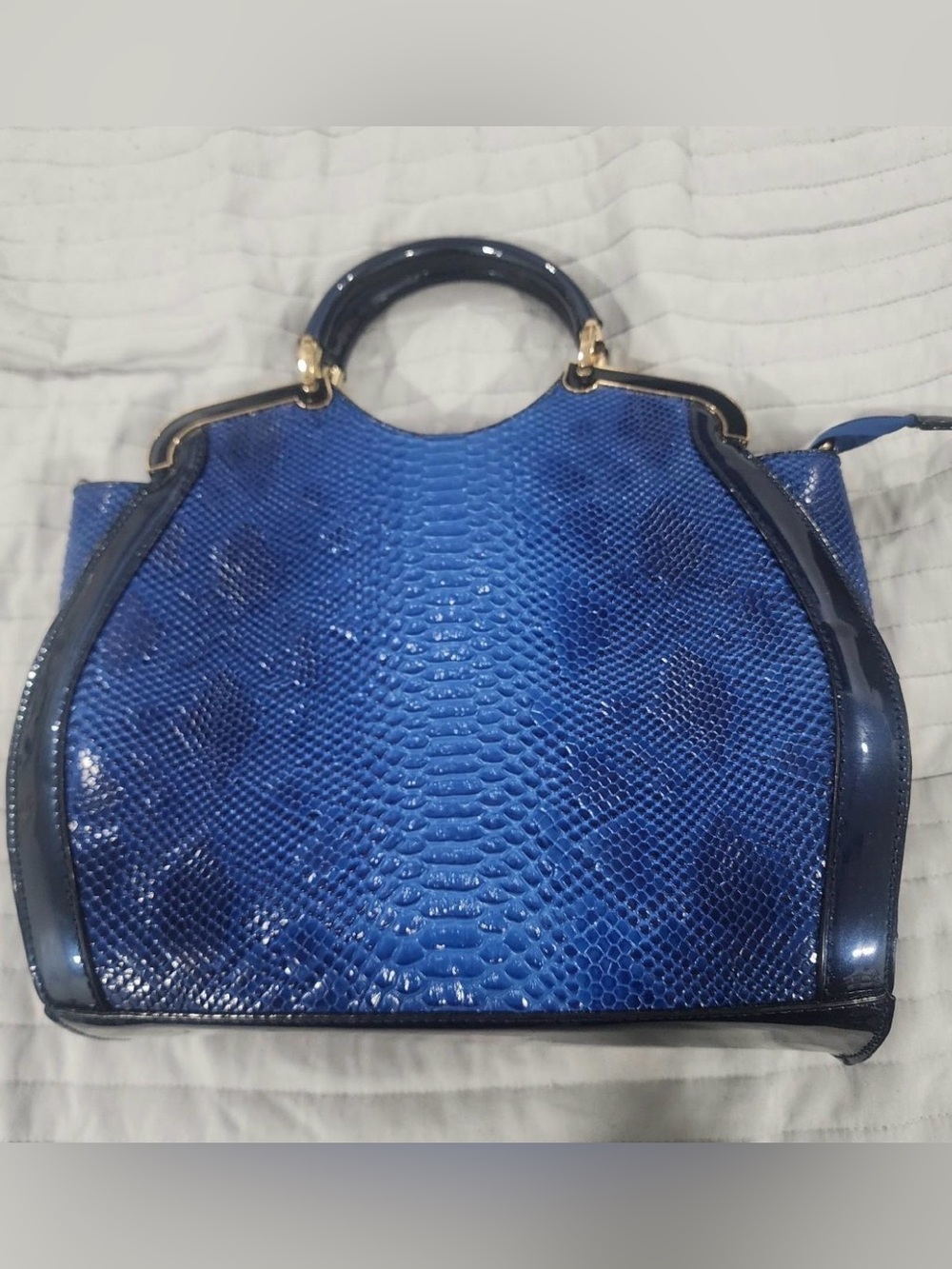 Structured Blue Faux-Snakeskin Top-Handle Women’s Bag